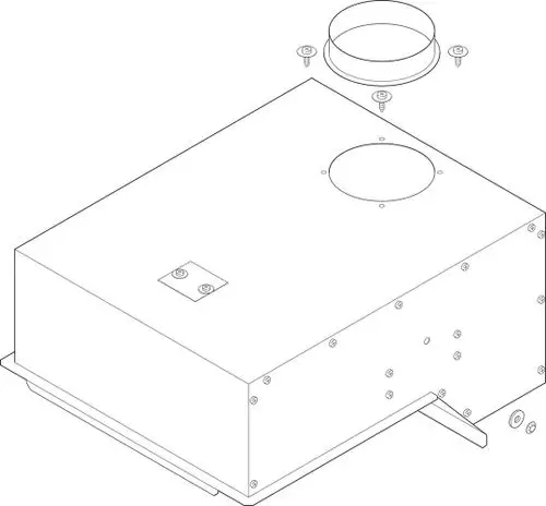 Bosch Strömungssicherung in Draufsicht, mit sichtbaren Schrauben und einem Anschluss für die Luftzirkulation. Die Oberfläche zeigt ein flaches, rechteckiges Gehäuse.